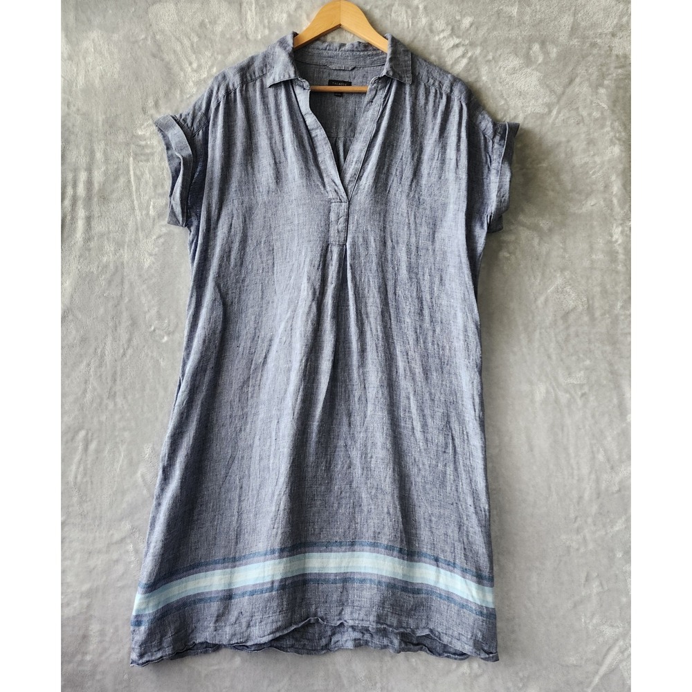 Talbots Linen Dress Womens Size Large Blue Stripe Hem Short Sleeve 100%